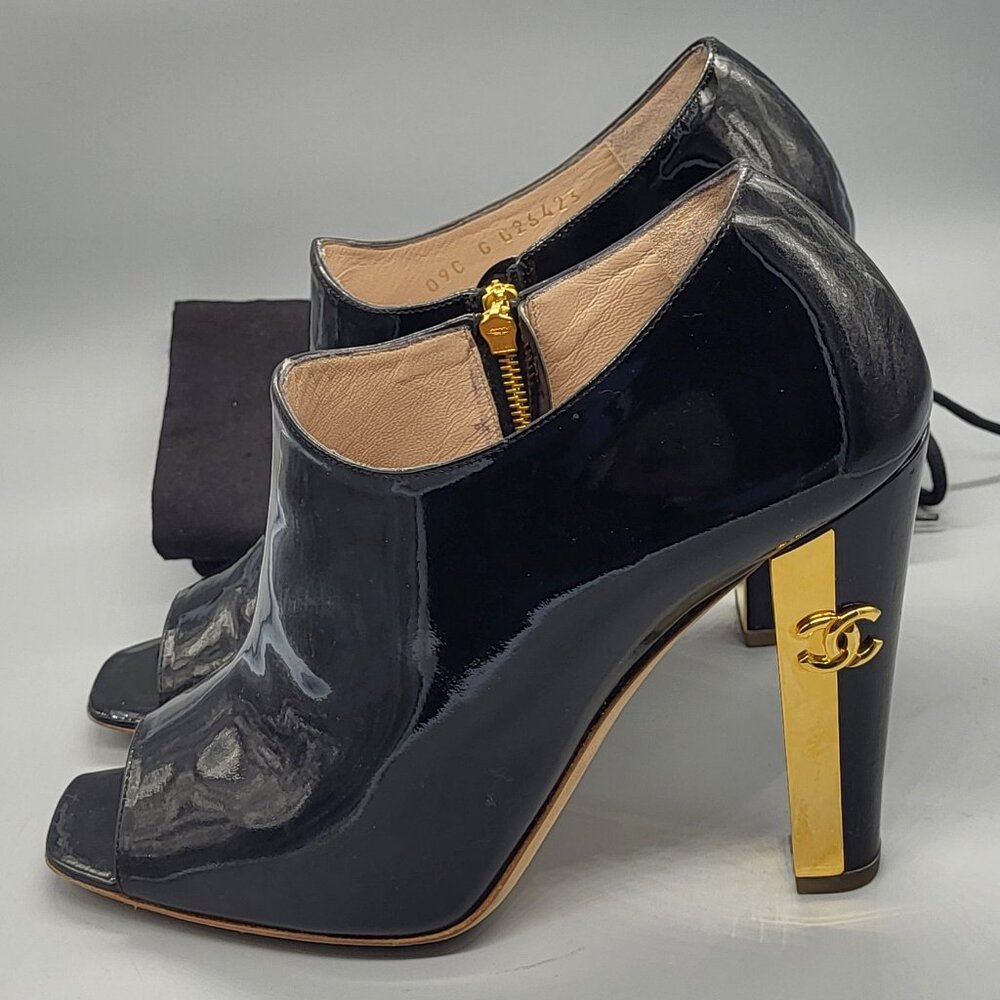 CHANEL Patent Leather Peep Toe Booties